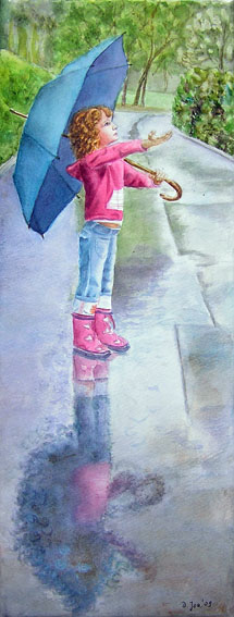 Girl in Rain with umbrella - watercolor painting
