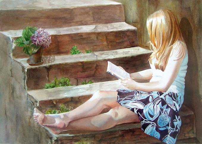 Romance Novel - figurative watercolor painting - young girl sitting on stairs and is reading