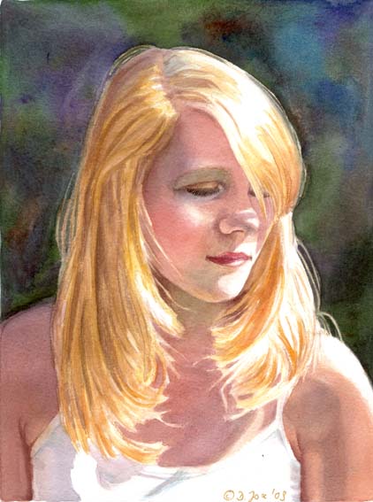 girl portrait painting, blonde hair in full sunlight - original watercolor painting by Doris Joa