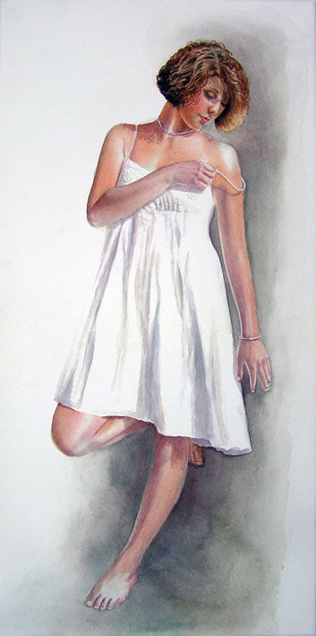 Figurative woman girl painting - girl with brown hair in white dress leaning against a wall