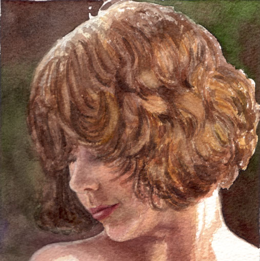 girl with brown curls - watercolor painting - fine art