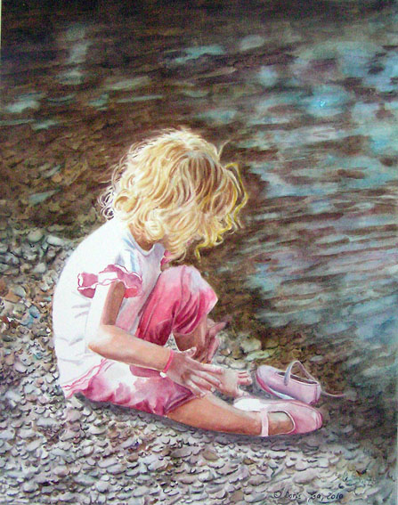 Young girl with blonde hairs sitting at the water with wet feet - watercolor painting