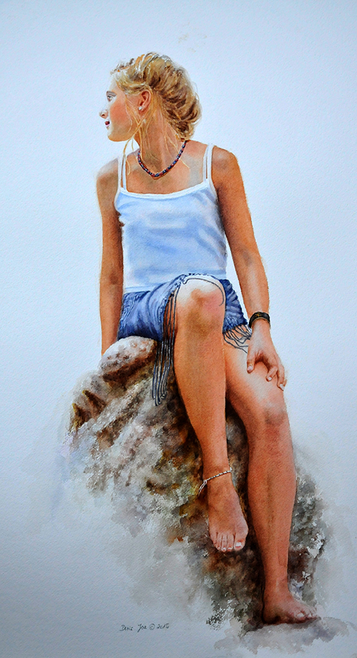 Young blonde girl sitting on rocks - figurative painting in watercolor
