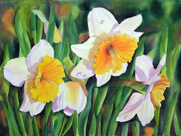 Paint Daffodils. use a purple shadow mix on the white petals.