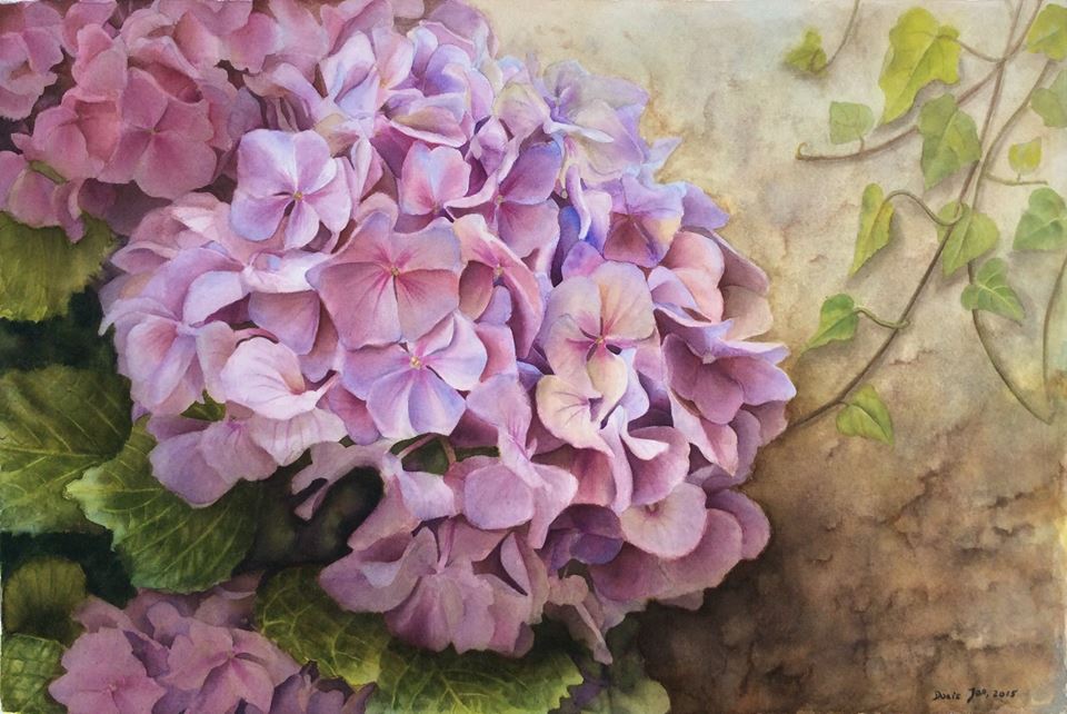 Realistic Hydrangea Painting in watercolor with ivy along a stone wall