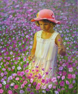 little girl in pink flower field - girl with hat and white dress - figurative oil painting