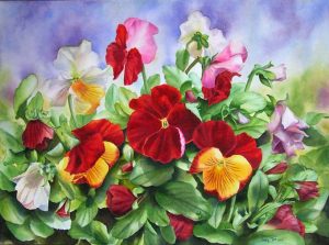 Flower Painting of red pansies with buds and leaves