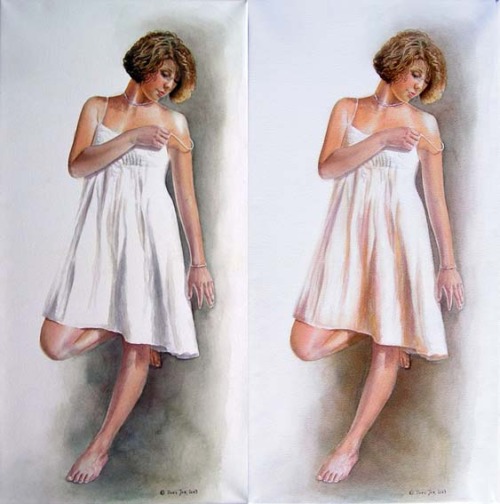 Before and after watercolor study of a woman in a white dress with cool and warm shadows by Doris Joa