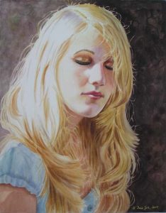 Beautiful blonde girl with blue shirt in watercolor painted in realism on Aquabord in watercolor