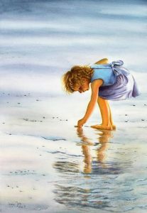 Little girl collects things at the beach in blue dress, glowing sunshine, figurative watercolor painting