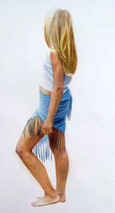 Portrait Painting of a young girl with blue skirt and white shirt and blonde hair, fantastic realism figure painting in watercolor