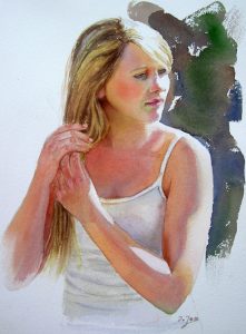 Portrait Painting of a teenager with blonde hair and white shirt - portrait painting in watercolor realistic