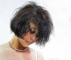 Realistic brown hair painted in watercolor, stunning beautiful young girl portrait painting