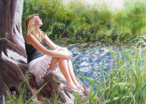 Girl with white skirt and black shirt sitting on a tree at the river and listening to the river, watercolor figurative paintng