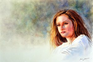 Portrait Painting of a girl with brown hair and white shirt, realistic portrait painting in watercolor