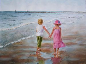 Little boy and little girl walking hand in hand by the ocean - watercolor figurative painting