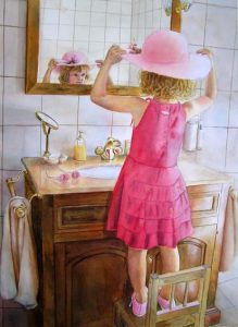 Little girl in red dress with hat standing on a chair in front of a mirror in bathroom - Girl Figurative Painting in Watercolor