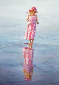 Reflections in the water - young girl walking at the beach - ocean figurative painting with pink and blue in watercolor