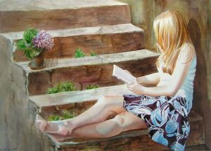 girl sitting on stairs and is reading in a book, woman figurative watercolor painting