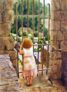 little girl standing in front of the door of a secret garden, door is closed, figurative watercolor painting