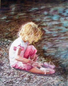 Little girl with blonde hair sitting at the river and got wet feed, pink shoes, watercolor figurative painting