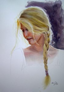 Beautiful blonde hair girl is lost in thoughts, watercolor portrait painting