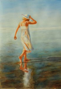 Young girl with white dress and white hat walking at the ocean, glowing sunshine, watercolor painting figurative