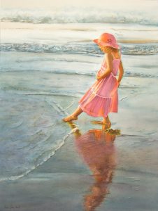 Young girl with pink dress and pink hat touching the ocean, stunning realistic figurative painting in watercolor and romantic realism