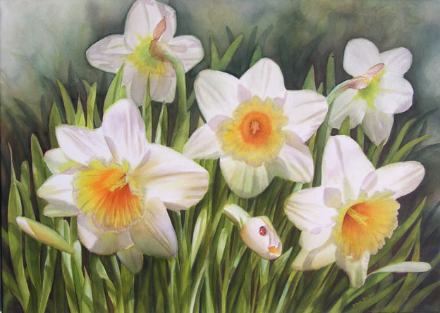 Daffodils - Flower Watercolor Painting by Doris Joa - Watercolor & Oil