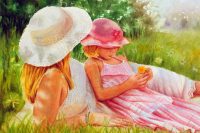 Summer - figurative painting of woman with white hat and white dress, child with pink hat and pink dress laying in grass