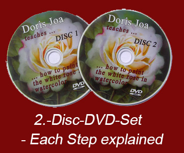 2-Disc-DVD-Set with easy to follow steps on how to paint white roses in watercolor