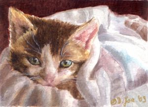 Little Kitten laying in basket - Watercolor Painting of a Kitten