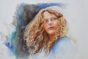 Stunning realistic watercolor portrait painting of a young girl with blond curly hairs