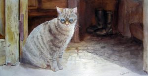 Grey Cat with blue eyes sitting at the front of a door in France - Cat Painting in Watercolor