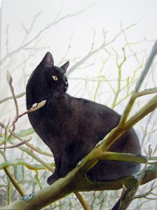 Black cat sitting in Magnoliatree - Watercolor Painting of a Cat