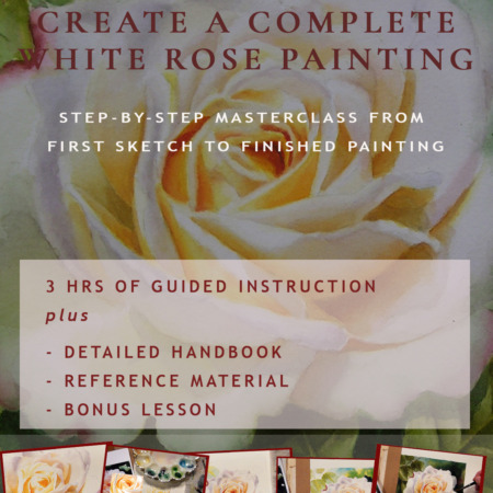 Learn to paint the white rose in watercolor - complete rose with leaves and background - premium masterclass by Doris Joa