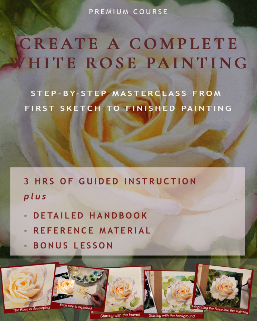 Learn to paint the white rose in watercolor - complete rose with leaves and background - premium masterclass by Doris Joa