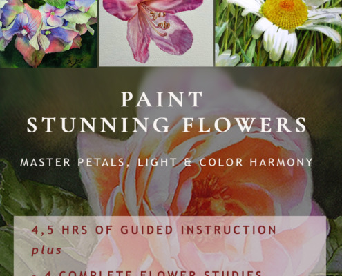 Learn to paint stunning flowers in watercolor with artist Doris Joa