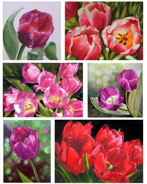 Paintings of Tulips in oil and watercolor . red tulips, single purple tulip with dewdrops, pink tulips as a sign of spring,