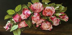 Bouquet of country roses on wood table - flower painting in watercolor