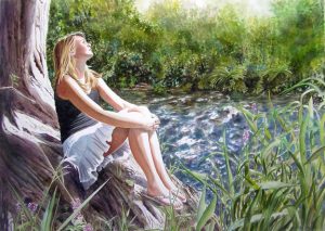 young girl sitting at the river - figurative watercolor painting