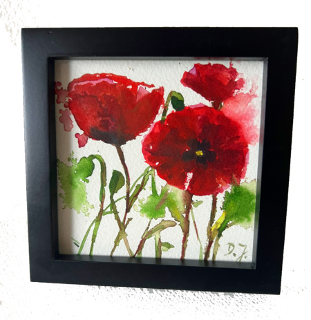small treasure painting - red poppy in watercolor by artist Doris Joa