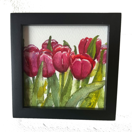 tulips painting in watercolor - small treasure - collect little paintings in black frame