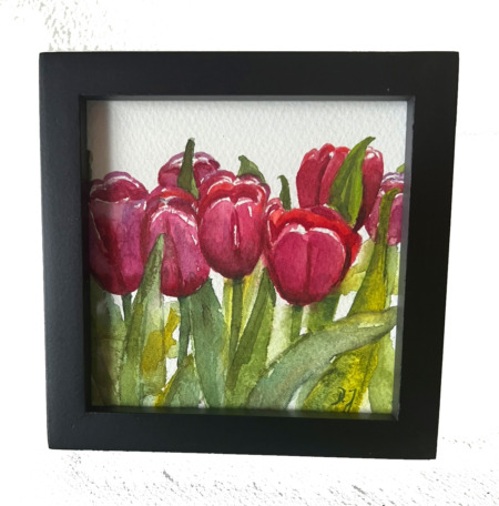 tulips painting in watercolor - small treasure - collect little paintings in black frame