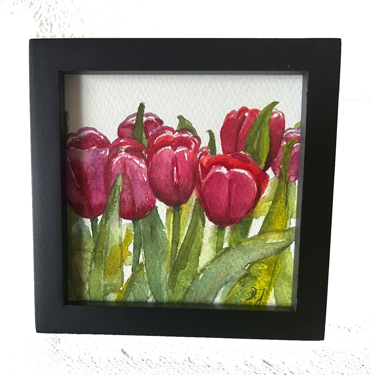 tulips painting in watercolor - small treasure - collect little paintings in black frame