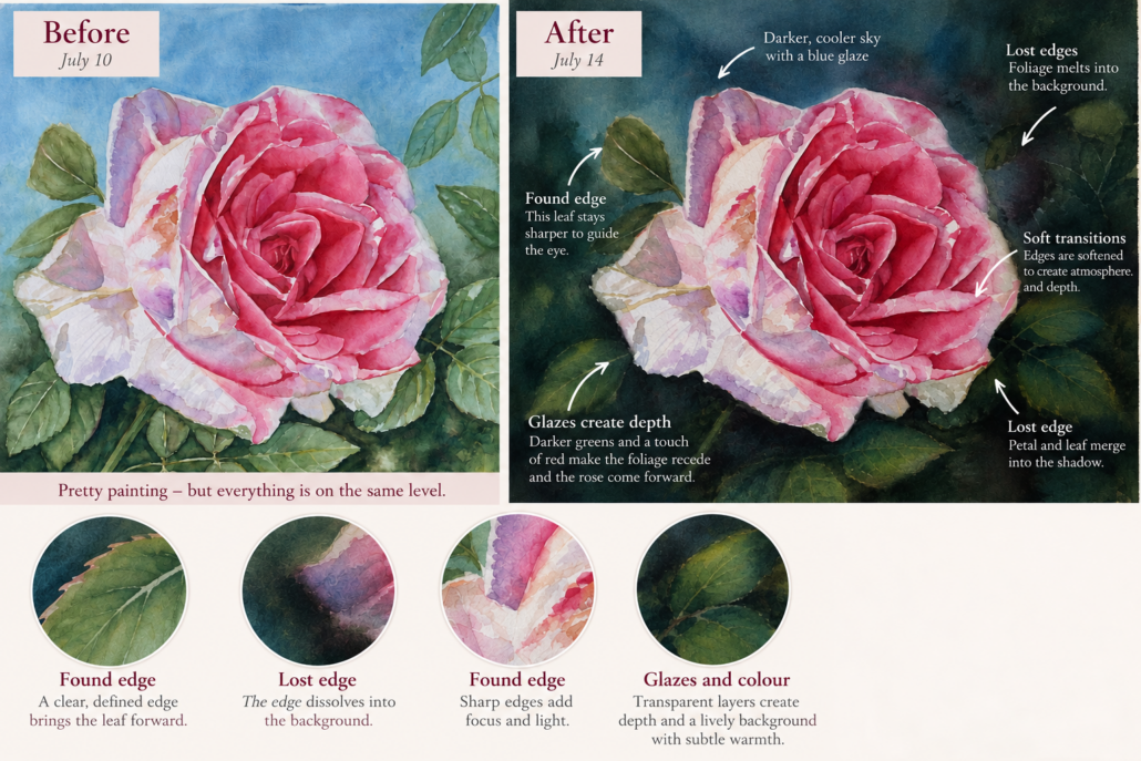 Illustrative teaching graphic explaining glazes, lost edges and found edges in a rose watercolor
