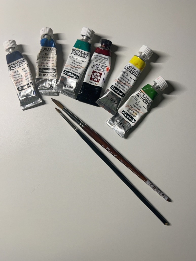 Watercolor tubes and two brushes used by Doris Joa for the rose background